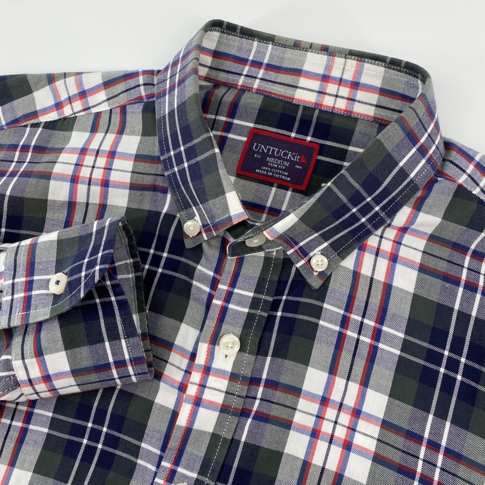 UNTUCKit Button Down Shirt Mens Medium Slim Fit Plaid Navy Green Long Sleeve